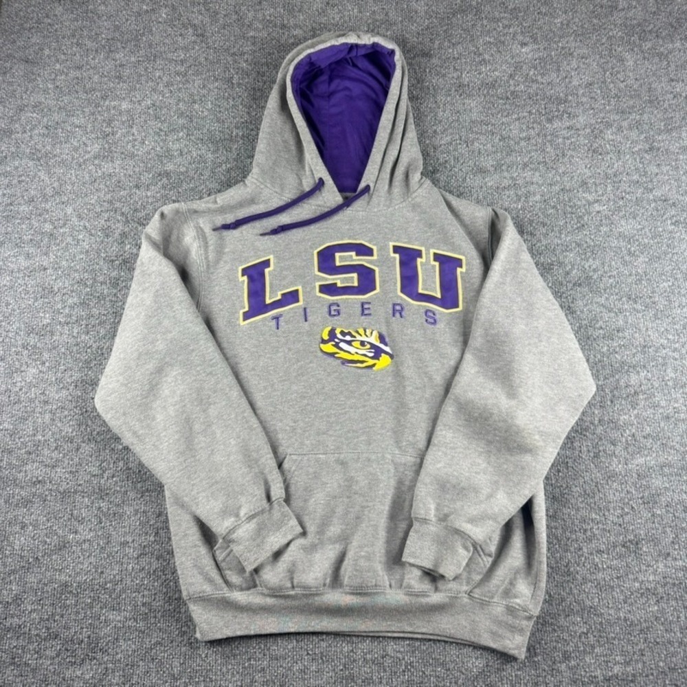 LSU Tigers Hoodie Mens M Gray Pullover Sweatshirt Football Logo College NCAA